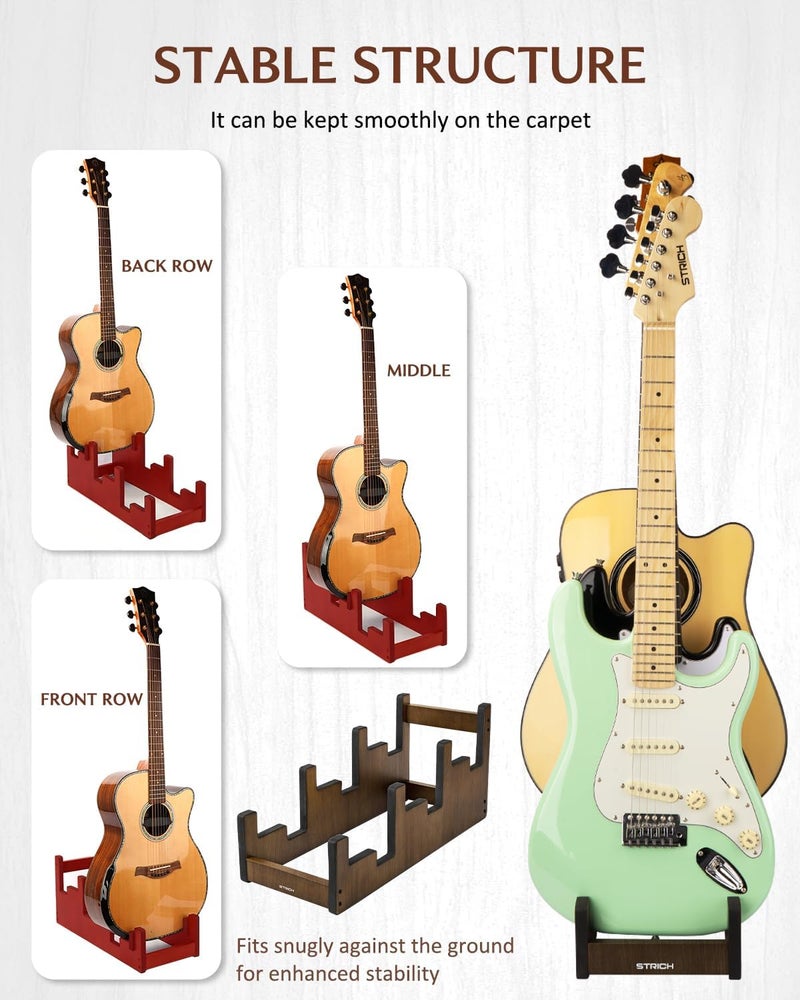 STRICH Wooden Guitar Stand for Multiple Guitars, 3-Holder, Front Display Space-Saving Floor Guitar Rack for Home, Studio, Stage, Walnut Color, L-3AW (For 3 Acoustic) - Image 3